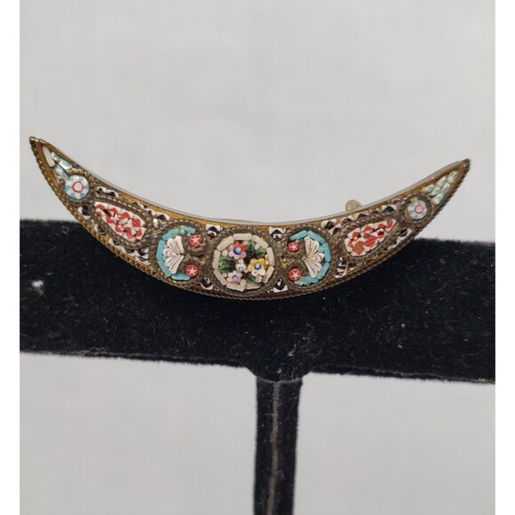 Antique Victorian Italy Micro Mosaic Cresent Moon Brass Frame Brooch Marked FAP - Picture 4 of 13